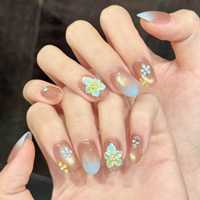 Faux ongles à presser en acrylique, motif floral 3D gaufré dégradé bleu, avec strass écrasés, faits main, réutilisables, OEM ODM, vente en gros d'usine, personnalisables