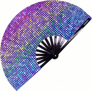 Wholesale <b>Large</b> Bamboo Folding Hand <b>Fan</b> Custom Printed Logo Durable Fabric Loud Clack Carved Portable for Festival Rave Use - Product Image 4