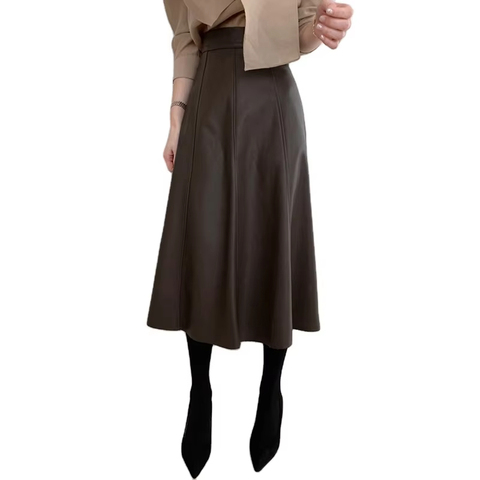 3331 Wholesale Womens Skirts Plain Brown Casual Knee Length Leather Midi Skirt High Waisted