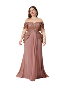 Vestido de Noche Formal <span class=keywords><strong>Maxi</strong></span> de Gasa con Hombros Descubiertos, Manga Corta, Espalda Descubierta, Lentejuelas, Patchwork, Cintura Fruncida y Cola Larga - Product Image 1