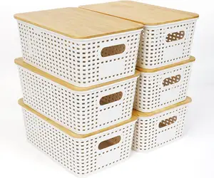 Caja de almacenamiento tejida de ratán de imitación con cubierta de bambú-Organizador doméstico versátil para dormitorio, sala de estar