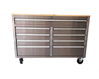Coffre à outils roulant robuste en acier inoxydable OEM avec plateau en bois, établi de garage et d'atelier, avec serrure à clé et multiprise certifiée