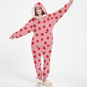 Produttore personalizzato rosa fragola stampato flanella morbida felpa <span class=keywords><strong>con</strong></span> cappuccio tuta tuta <span class=keywords><strong>pigiama</strong></span> <span class=keywords><strong>con</strong></span> patta fondale posteriore - Product Image 2