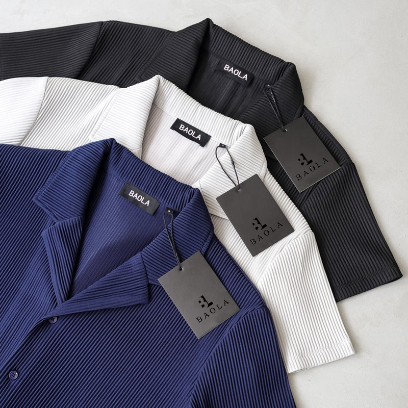 pleated men dress shirt with collar short sleeve Men's Pleated Shirts