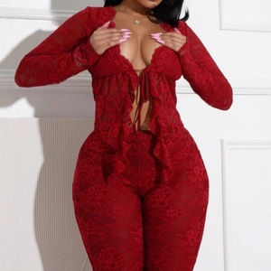 Women's <b>Sexy</b> Tie Hollow Cardigan Long Sleeve Lace Shirt Long Pants 2 Piece <b>Set</b> Fashion - Product Image 4