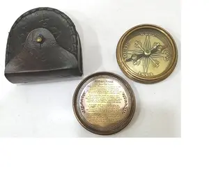 BROWN POCKET BRASS FLAT NAUTICAL COMPASS ~WITH LID BLACK LEATHER CASE OFFICE DECOR COMPASS