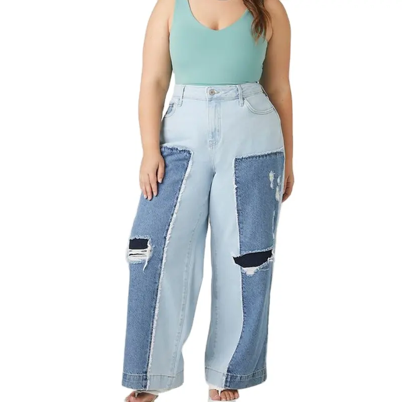 ZY mulheres plus size jeans de alta qualidade 100% algodão Patchwork Wide-Leg Jeans casual jeans largos