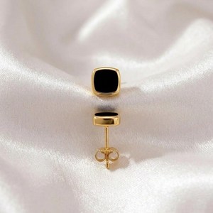 Minimalist Black Obsidian Flat Cushion <b>Stud</b> Earrings Double Sided Flat Natural Gemstone In 925 <b>Sterling</b> <b>Silver</b> Or 18K Gold - Product Image 6