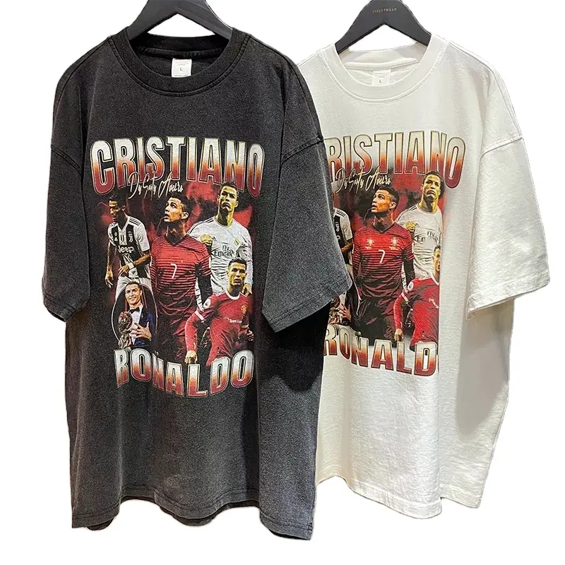 Graphic T shirts Men Oversized T Shirt Cotton Football Print Retro Washed Top Harajuku Streetwear Hip Hop T-Shirt Vintage