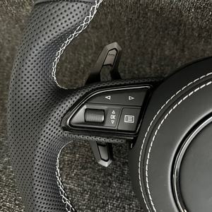 Volant en cuir véritable noir à rayures blanches personnalisées, semi-perforé, pour <span class=keywords><strong>Audi</strong></span> A1 A3 A4 A5 A6 A7 S/RS Q3 Q5 Q7 TT <span class=keywords><strong>R8</strong></span> - Product Image 3