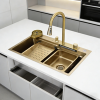 Robinet d'évier de cuisine moderne multifonctionnel en acier inoxydable et cuivre, à angle, pour évier simple à encastrer, finition polie, de style ferme, par le fabricant