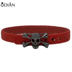 Moda personalizada calavera CZ hombres pulsera genuina Stingray cuero pulsera