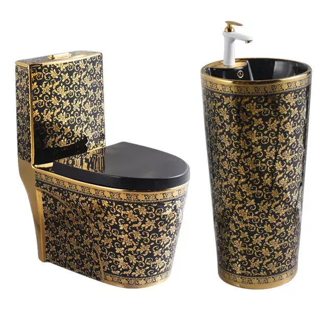 Vendita calda bagno di lusso un pezzo wc con lavello in ceramica fabbrica all'ingrosso sanitario nero oro lavabo piedistallo lavabo
