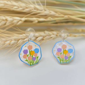 Boucles d'oreilles en acrylique peintes à motifs floraux avec perles transparentes pour femmes, cadeau, 12 pièces - Product Image 4