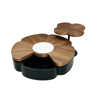 Table basse en forme de pétale, style médiéval, finition grain de noyer, plateau pivotant, rangement dissimulé, fabriquée au Guangdong, idéale pour les petits espaces, très populaire sur internet