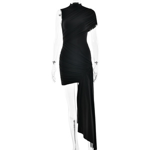 Robe de soirée asymétrique sans manches, coupe ajustée, froncée, col rond, style européen et américain, pour l'été - Product Image 5