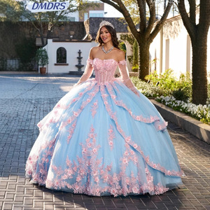 LY-QD0051 Abito da ballo vintage da ragazza con corsetto in pizzo, fiori 3D, ricami di <span class=keywords><strong>paillettes</strong></span> e <span class=keywords><strong>gonna</strong></span> da principessa, per Quinceañera (15 anni) - Product Image 3