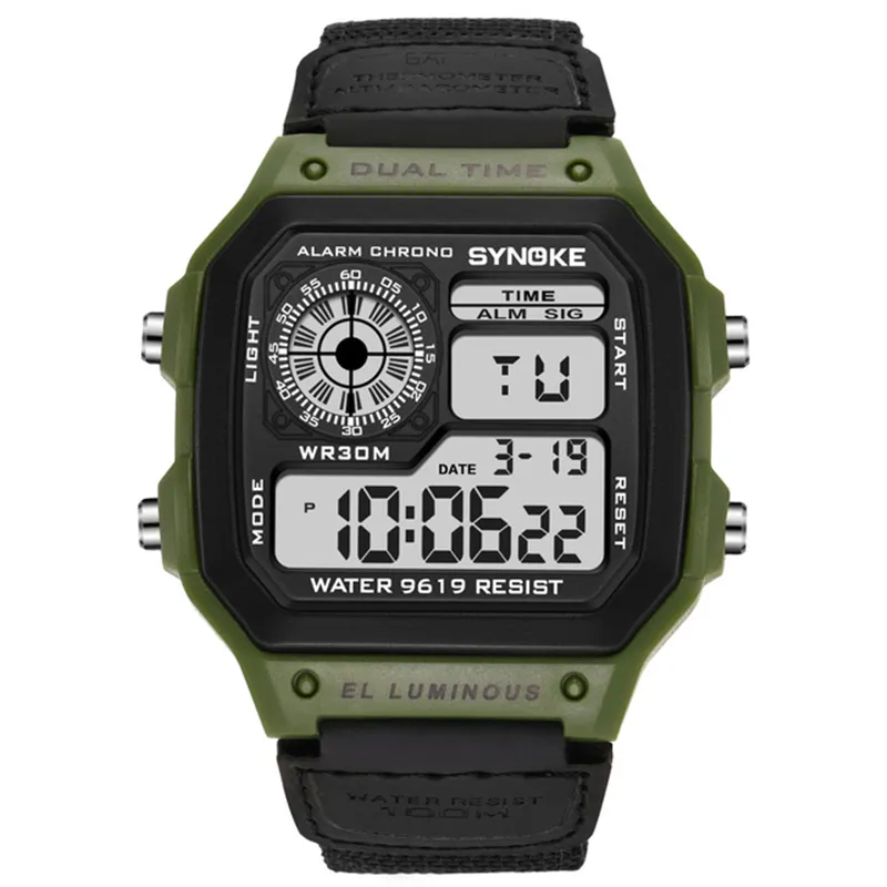 SYNOKE-reloj Digital de nailon para hombre, cronógrafo electrónico deportivo a prueba de golpes, resistente al agua, con correa, 9619