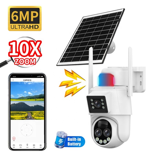 Solar 6MP Triple-lens CCTV Network Camera Outdoor Security Monitoring with 4G SIM 10X Optical Zoom PTZ Camera for Home Use