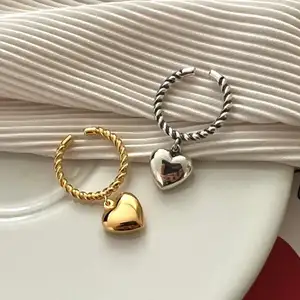 Love Heart Pendant Trendy Rings 925 Sterling Silver 18K Gold Plated Adjustable Ring Women Jewelry
