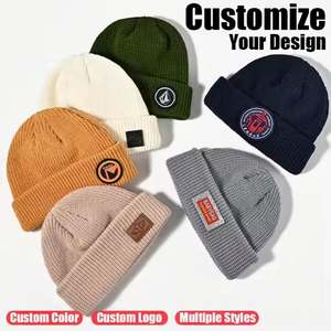 หมวกบีนนี่ไหมพรมอะคริลิคสีพื้นปักโลโก้ตามสั่งสำหรับขายส่งแฟชั่น  หมวกไหมพรมอุ่นๆสำหรับฤดูหนาวพร้อมโลโก้แบบกำหนดเอง - Product Image 2