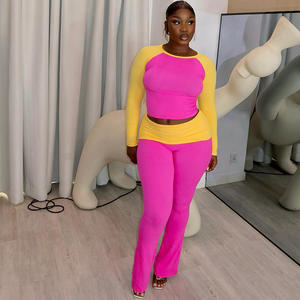 Модный комплект из двух предметов для женщин: футболка с длинным рукавом и расклешенные брюки, облегающий крой, для йоги, спортзала и повседневной носки - Product Image 3