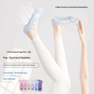 Nouvelles chaussettes de fitness, Pilates et yoga antidérapantes en coton tricoté, absorbant la transpiration, à 5 orteils séparés, courtes, à nouer croisé - Product Image 4