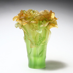 Amber And Green Iris Pattern Pate De Verre Vase Handcrafted Art Glass Flower Vase For Home Decor And Floral Arrangements - Product Image 2