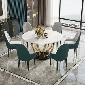 Conjunto de mesa de jantar redondo contemporâneo, conjunto de mesa de jantar luxuosa com tampo de pedra sinterizada, 6 lugares para sala de jantar, móveis de cozinha