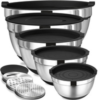Ensemble de saladiers en acier inoxydable avec base en silicone noir, râpe multifonctionnelle, qualité alimentaire, durable, empilable, directement de l'usine