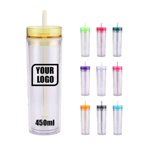 Gobelets maigres en acrylique DOUBLE MUR 16oz 450ml Gobelets en <span class=keywords><strong>plastique</strong></span> froid personnalisés avec couvercle et paille - Product Image 2