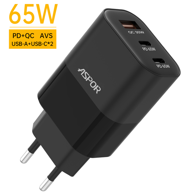ASPOR 65W GaN USB-C 3-Port Fast Charger PD3.0/PPS/QC3.0 Foldable Travel Adapter for Laptop/Tablet/Phone Electric