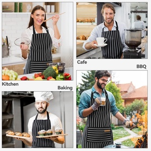 Tablier de cuisine réglable, doux, blanc rayé, uniforme de chef, 2 poches, logo personnalisé, pour hommes et femmes, restaurant, bar, 100% coton - Product Image 5