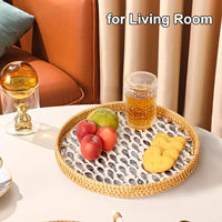 Plateau de service rond en rotin avec incrustation de nacre, plateau portable pour cuisine et salle de bain, plateau décoratif multifonction moderne et luxueux en osier