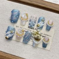 Faux ongles à presser faits main, bleu galaxie, courts carrés, avec étoiles 3D, lune, perles et strass, luxe, pour nail art, vente en gros