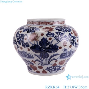 RZKR64 <span class=keywords><strong>canard</strong></span> mandarin en porcelaine <span class=keywords><strong>bleu</strong></span> et blanc Antique sous-émaillé lotus rouge jouant avec Pot de fleur en céramique d'eau - Product Image 2