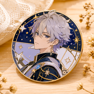 Pin de esmalte duro personalizado con personaje celestial de pelo plateado, chapado en oro, redondo, estilo anime, insignia de solapa de metal, OEM ODM - Product Image 1
