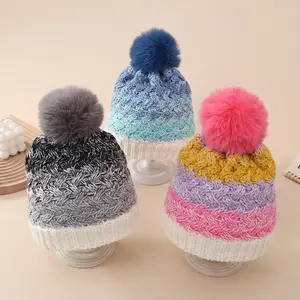 Großhandel New Fashion Chunky Knit Mixture Farbe Dickes Fleece Gefüttert Winter Warmes Garn Ball Top Pom Pom Beanie Hüte für kleine Kinder