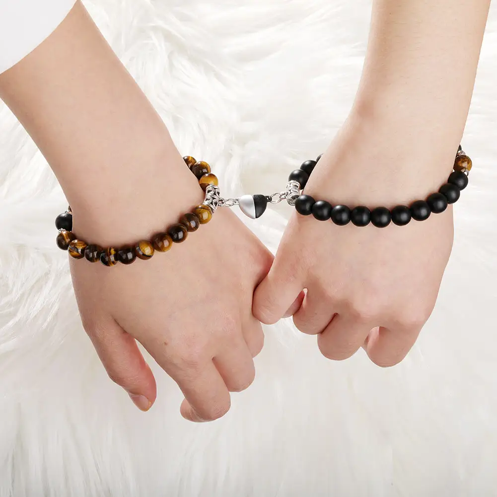 2pcs/set Natural Stone Beads Yoga Quartz Bracelet For Lovers Distance Heart Magnet Couple Bracelets Friendship Handmade Jewelry