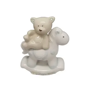 statue ceramic small bear riding wood horse for sale craft folk art style