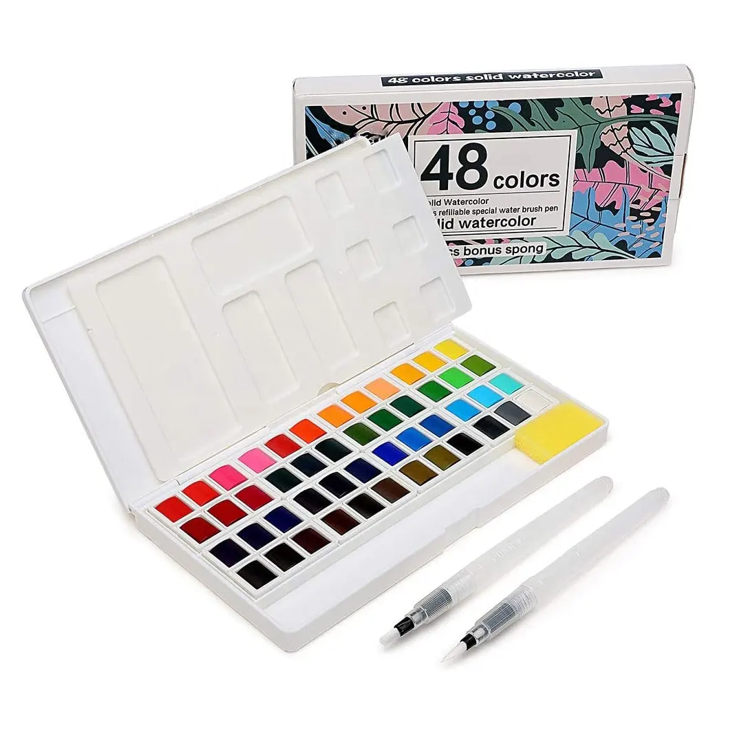 Juego de pintura de acuarela para artistas y niños, set de 48 colores con 2 bolígrafos de pincel de agua