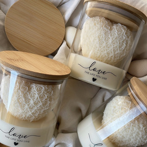 Glass Jar Bamboo Lid Rose Heart Scented Soy Wax Candle 3D Sculpted Aromatherapy Valentine Home Decor Gift - Product Image 5