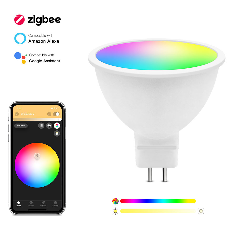 App/Voice Control LED Bulb MR16 5W 400LM 120 Degree Beam Angle RGB+2700-6500K MR16 Smart ZigBee Light Bulb for Home Hotel