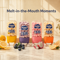 Biscuits fruités Aimo, poudre de protéines, probiotiques, collation saine pour enfants, goût sucré, texture semi-molle, carrés, sachet de 16 g