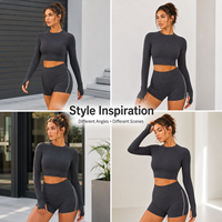 Conjunto de Dos Piezas Personalizado para Mujer, Top Corto de Manga Larga con Cuello Redondo y Pantalones Cortos, Ropa Deportiva para Gimnasio, Yoga y Ejercicio
