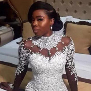 Wedding Dress Mermaid Long Sleeve High Necklace White Lace Rhinestone Cut Out Backless Natural Waistline Bride Dress - Product Image 3