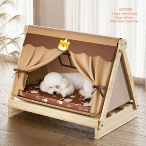 Lit pour animaux de compagnie en bois de pin massif, design moderne et luxueux, avec coussin en tissu Oxford et matelas en éponge, design de dessin animé tendance, forme triangulaire - Product Image 1