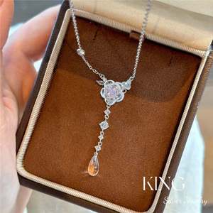 Ensemble collier et boucles d'oreilles en argent sterling S925, motif fleur de rose, serti griffe, cadeau pour femme, bijoux - Product Image 1