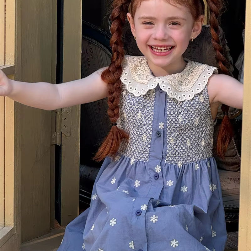 Baby Girls Blue Floral Embroidery Cotton Dress for Girls Summer Sleeveless  Doll Collar Sweet Toddler Elastic Dress