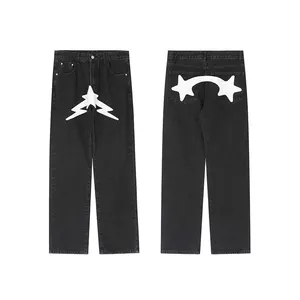 High street star printed loose wide leg casual straight baggy jeans men custom denim jeans hip hop